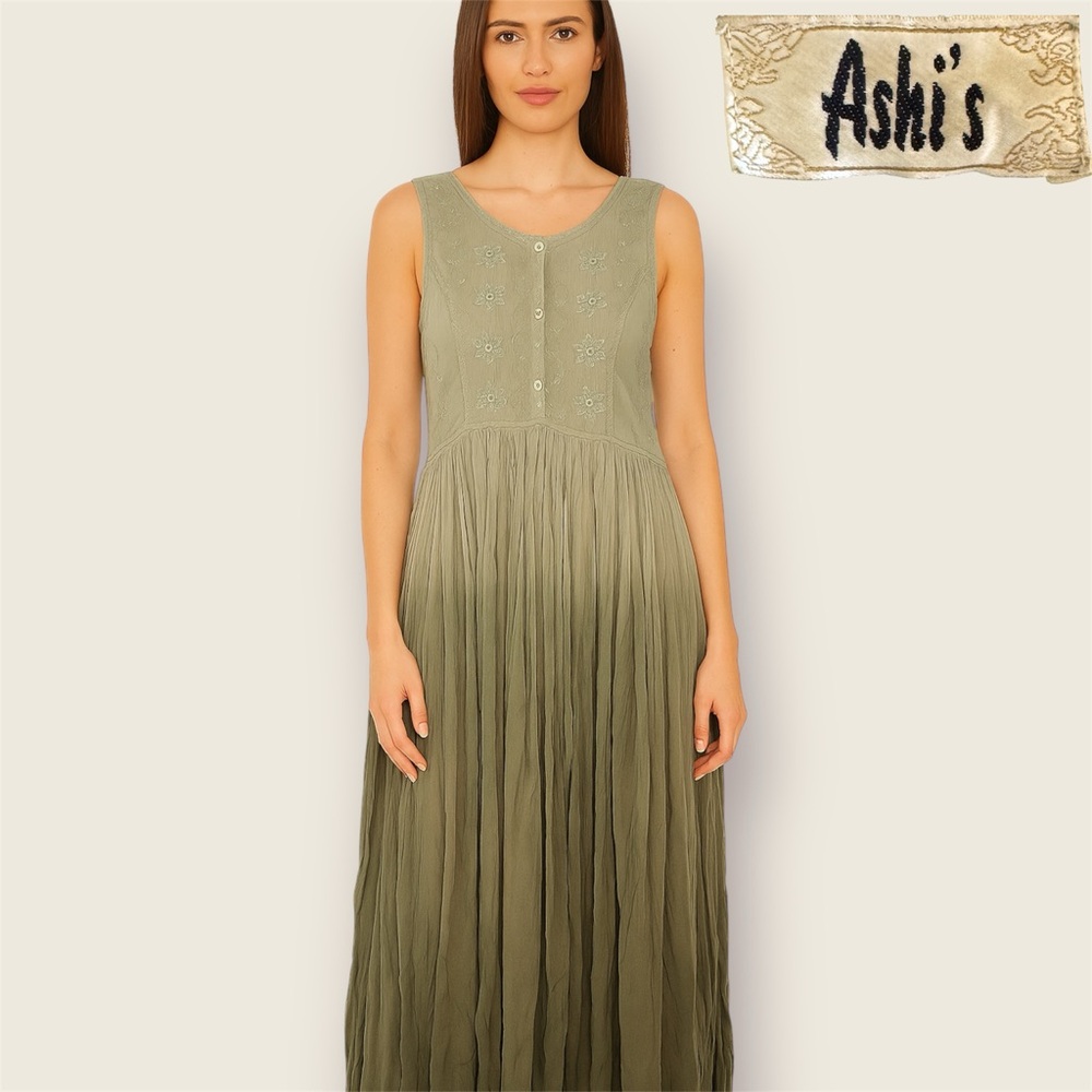 Ashi’s Sleeveless Olive-Green Batik Maxi Dress - Picture 2 of 8